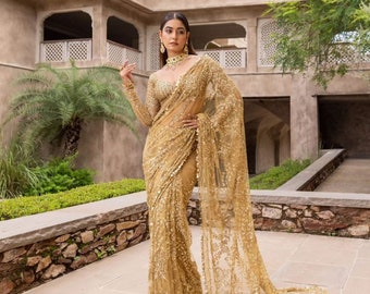 Most Beautiful latest Deisginer wedding wear saree with Beautiful Sequence Embroidery work with Beautiful Unstiched blouse