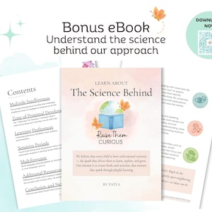 以下が含まれることがあります： 「The Science Behind」というタイトルの電子書籍の表紙で、「Raise Them Curious」というテキストが入っています。表紙には地球儀、蝶、青い箱が描かれています。付随するページには、コンテンツと学習の概念がリストされています。