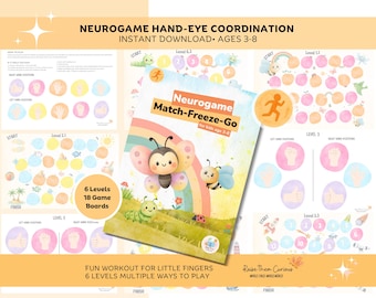 May include: A colorful educational game for children aged 3-8, featuring the text "Neurogame Match-Freeze-Go." The game includes 6 levels and 18 game boards, with illustrations of butterflies, rainbows, and hand gestures. The text "Fun workout for little fingers" is also visible.