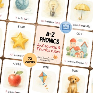 May include: Educational flashcards for learning phonics. The cards feature watercolor illustrations of objects and words, including a star, apple, and kite. The set includes 72 cards with A-Z sounds and phonics rules.