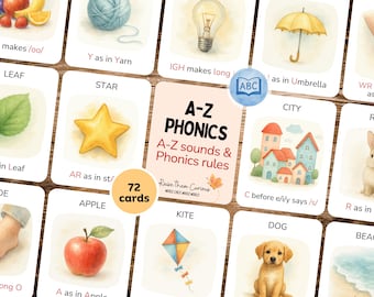 72 Phonics Flashcards | A–Z Sounds & Letter Combinations | Digraphs, Blends, Vowel Teams, R-Controlled | Reading Cards | Digital Download