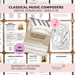 Può includere: Un download digitale per bambini dai 5 ai 10 anni, con compositori di musica classica. La copertina del libro "The Greatest Composers" è visibile, insieme a ritratti, biografie, attività e opzioni di ascolto tramite codice QR. Il testo "CLASSICAL MUSIC COMPOSERS" è incluso.