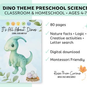 以下が含まれることがあります： 「It's All About: Dinos」というタイトルの、スパイラル綴じの未就学児向け科学ワークブック。表紙には、フレンドリーな薄緑色の恐竜の水彩イラストが描かれています。ワークブックには、4〜7歳向けの自然の事実、創造的な活動、文字検索など、80ページが含まれています。