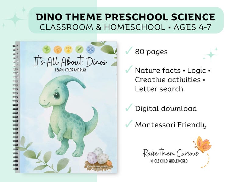 以下が含まれることがあります： 「It's All About: Dinos」というタイトルの、スパイラル綴じの未就学児向け科学ワークブック。表紙には、フレンドリーな薄緑色の恐竜の水彩イラストが描かれています。ワークブックには、4〜7歳向けの自然の事実、創造的な活動、文字検索など、80ページが含まれています。