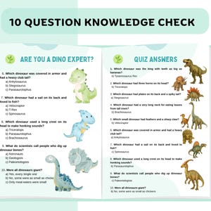 以下が含まれることがあります： 「10 QUESTION KNOWLEDGE CHECK」というタイトルの2ページの教育用ワークシート。左ページには恐竜に関する質問があり、さまざまな恐竜のイラストが描かれています。右ページにはクイズの答えと、さらに恐竜のイラストが掲載されています。