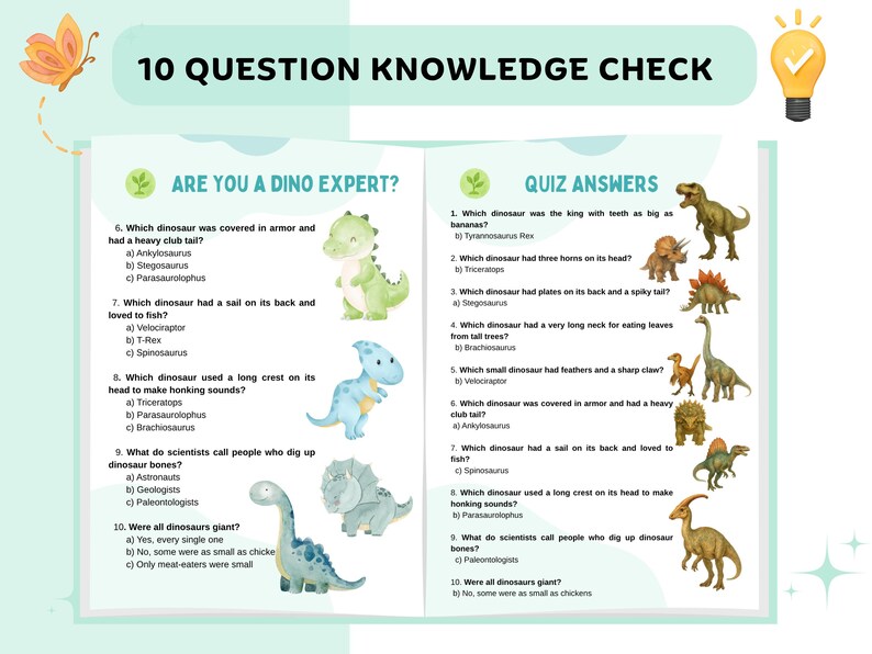 以下が含まれることがあります： 「10 QUESTION KNOWLEDGE CHECK」というタイトルの2ページの教育用ワークシート。左ページには恐竜に関する質問があり、さまざまな恐竜のイラストが描かれています。右ページにはクイズの答えと、さらに恐竜のイラストが掲載されています。