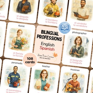 May include: A set of 108 bilingual profession flashcards in English and Spanish. Each card features a profession with an illustration and the profession's name in both languages. The cards are designed for educational purposes.