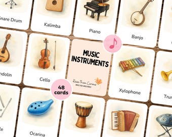 48 Musikinstrumente Karteikarten | Montessori 3-teilige Karten | Bild, Etikett & Steuerkarten | Digitaler Download