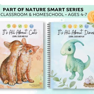 以下が含まれることがあります： 4～7歳向けの「Part of Nature Smart Series」の2冊のリング綴じアクティビティブック。左側の本は「It's All About: Cats」というタイトルで、2匹のオレンジ色の猫が描かれています。右側の本は「It's All About: Dinos」で、緑色の恐竜が描かれています。
