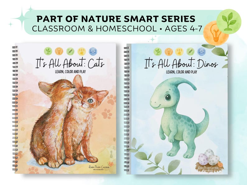以下が含まれることがあります： 4～7歳向けの「Part of Nature Smart Series」の2冊のリング綴じアクティビティブック。左側の本は「It's All About: Cats」というタイトルで、2匹のオレンジ色の猫が描かれています。右側の本は「It's All About: Dinos」で、緑色の恐竜が描かれています。