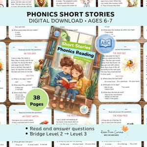 Puede incluir: Descarga digital de "Phonics Short Stories" para edades 6-7. La portada muestra a dos niños leyendo un libro. El producto incluye 38 páginas de material de lectura con preguntas. El tema es educativo, centrado en la comprensión lectora.