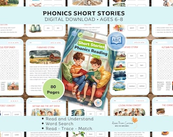 May include: A digital download of Phonics Short Stories for ages 6-8, featuring 80 pages of reading, word search, and trace-match activities. The cover shows two children reading books on a window seat, with various educational worksheets displayed in the background.