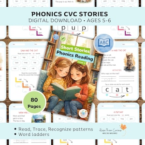 Puede incluir: Descarga digital de historias CVC de fonética para niños de 5 a 6 años. La imagen muestra un libro titulado "Short Stories Phonics Reading Level 2" con dos niñas leyendo. También se muestran hojas de trabajo con actividades e ilustraciones de un cerdo, un gato y un autobús.