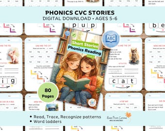 Phonics Level 2 | Short Stories | CVC Stories | 78 Activity Pages | Grade 1 Decodable Reading Practice | Digital Download