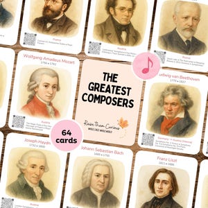 Könnte beinhalten: Ein Set von 64 Karten mit Porträts berühmter Komponisten wie Mozart und Beethoven. Die Karten haben einen hellrosa Hintergrund mit dem Text "THE GREATEST COMPOSERS" und "Raise them Curious".