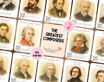 May include: A set of 64 cards featuring portraits of famous composers like Mozart and Beethoven. The cards have a light pink background with the text "THE GREATEST COMPOSERS" and "Raise them Curious".