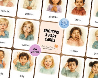 64 tarjetas didácticas Montessori sobre emociones para niños / Tarjetas de 3 partes / Tarjetas imprimibles (Descarga digital)