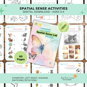 May include: A digital download for spatial sense activities for ages 3-4. The cover features a butterfly illustration. The workbook includes 60 pages of symmetry, left-right, shadow matching, and rotation exercises. The text reads "Beginner Spatial Sense Lab".