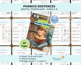 May include: Digital download of a phonics workbook for ages 5-6. The cover features a child reading a book titled "Sentences Phonics Reading." The workbook includes 37 pages with word families and reading exercises.