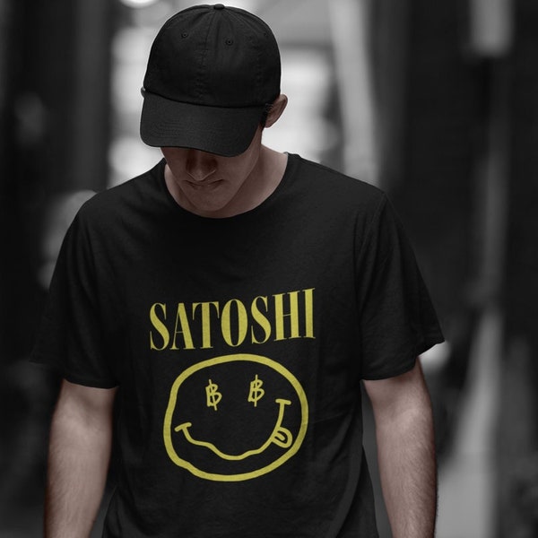 Trendy Unisex Satoshi Smiley Face Tee - Nirvana Inspired Bitcoin Design - Crypto Logo Graphic Shirt - Alternative Rock Apparel