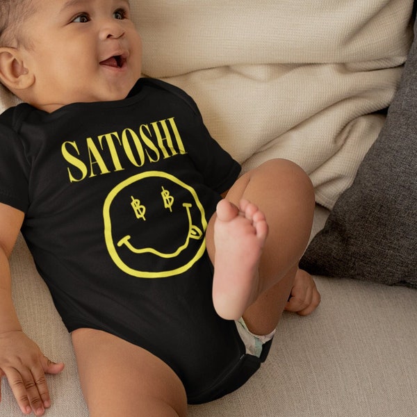 Unisex Infant Bitcoin Bodysuit - 'Satoshi' Rib Knit Onesie with Smiley Face & Bitcoin Symbols - Cute Cryptocurrency Apparel for Babies