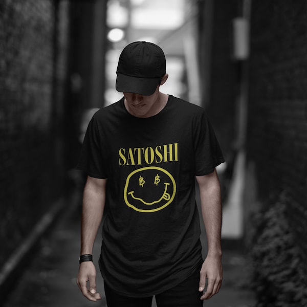 Unisex Satoshi Smiley Face Tee - Nirvana Inspired Bitcoin Design - Cryptocurrency Logo Graphic T-Shirt - Alternative Rock Crypto Merch