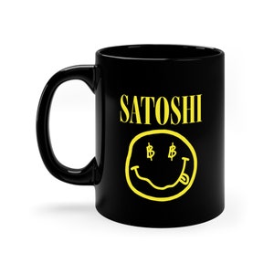 Bitcoin Smiley Face Mug - 11 oz Black Coffee Cup with Satoshi and Bitcoin Symbol Eyes - Remake of Famous Nirvana Shirt