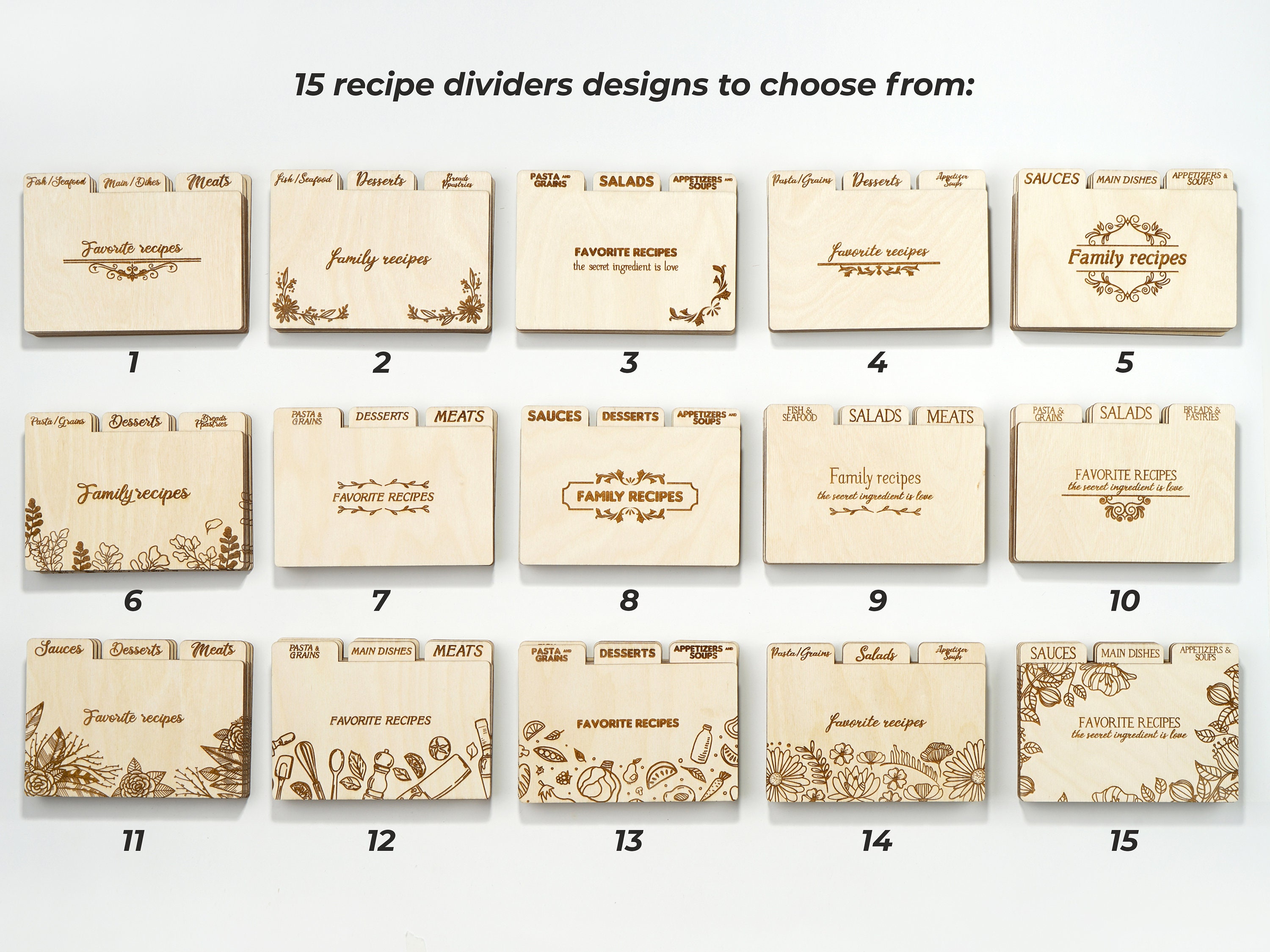 Set of 9 Wooden Recipe Card Dividers only. Measures 4.5 x 6.25