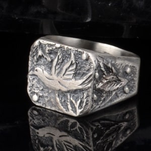 Pigeon Ring, Sterling Silver Good Luck Ring, Mens Ring, Engraved Ring, Unique Ring for Man, Silver Signet Ring, Memorial Gift for Him
