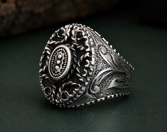 Hand Engraved  Signet Ring for Men, Sterling Silver Statement Ring