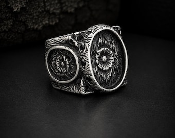 Large Silver Statement Ring for Men, Floral Engraved Signet Ring, Bold Handmade Jewelry, Chunky Luxury Ring Gift