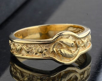 メタルオブジェ 10k Gold Japanese Koi Fish Band Ring, Japan Ornament Carp
