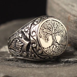 Yggdrasil Men Ring, Family Tree Ring, Nature Ring, Mens Ring, Unique Ring for Man, Silver Signet Ring, Memorial Mens Gift, Father&#39;s Day Gift