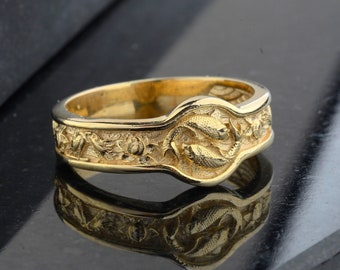 10k Gold Japanese Koi Fish Ring, Fisherman Jewelry