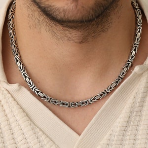 925 Silver King Chain Necklace, Handmade Square Byzantine Chain Necklaces, Silver Necklace For Men, Viking Oxidized Chain, Gift For Mens