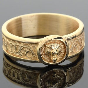 10k Solid Gold Tiger Band Ring, Mens&#39; Gold Ring, Handmade Mens Ring, Unique Ring for Man, Yellow Gold Signet Ring, Memorial Gift for Him