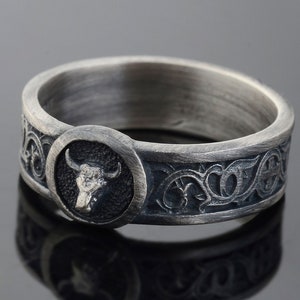 Taurus Bull Band Ring, Lily Motif  Zodiac Sign Ring,  Handmade Mens Ring, , Animal Wedding Ring, Signet Ring, Memorial Gift for Him