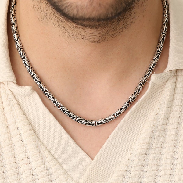 Round Byzantine Chain Necklace, 925 Silver Handmade King Chain Man Necklace, Silver Bali Chain, Valentines Day Gift For Boyfriend