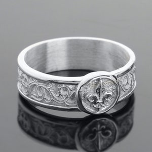 Anillo de plata con flor de lis, anillo de compromiso con sello de lirio en plata de 925 k, alianza de boda con flor de lis, anillo vikingo, regalo para el Día del Padre