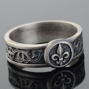 Anel de aliança Fleur De Lis, anel de sinete de lírio de prata esterlina, anel exclusivo para homens e mulheres, anel de noivado espiritual, presente memorial para ele