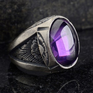 Silver Purple Amethyst Stone Ring, Handmade Jewelry, Gemstone Silver Men Rings, Engraved Silver Men Ring, Gift For Man, Father&#39;s Day Gift