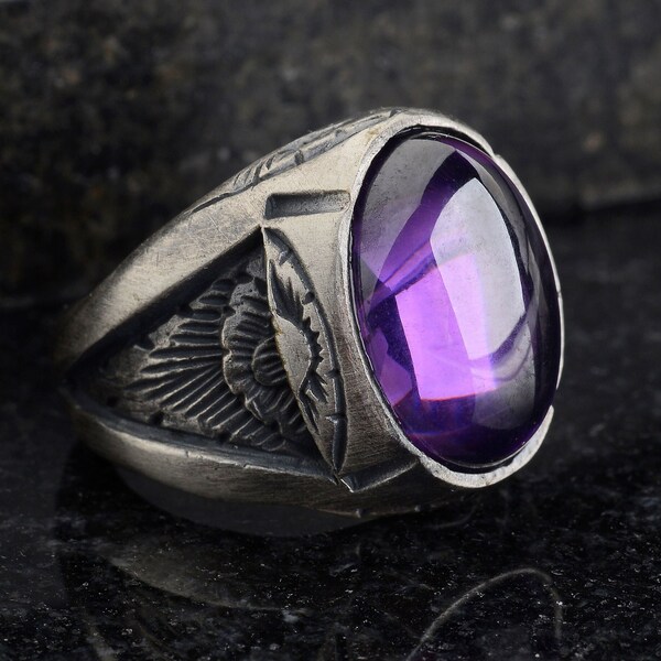 Mens Silver Amethyst Ring - Handmade Gemstone Jewelry