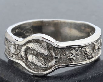 Japanse koi vis band ring, unieke mannen ring, karper en golven Japanse vis ring, zilveren Signet ring, zilveren cadeau voor mens, man ring cadeau