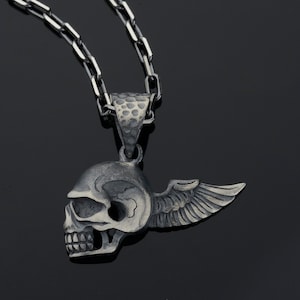 Winged Skull 925k Silver Charm Pendant Necklace, Sterling Silver Skull Head Pendant, Chain Necklace, Gift For Boyfriend, Silver Man Gifts