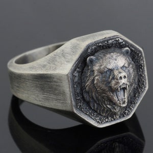 Sterling Silver Bear Head Ring, Minimalist Oval Ring ,Viking Bear Rings, Mens Ring, Unique Ring for Man,Father&#39;s Day Gif, Gift For Dad