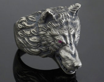 Handmade Sterling Silver Wolf Ring, Biker Signet Ring