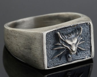 Sterling Silver Witch Wolf Signet Ring, Handmade Unisex Jewelry