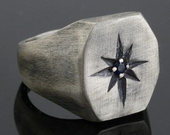 Handmade Oxidized Sterling Silver North Star Signet Ring