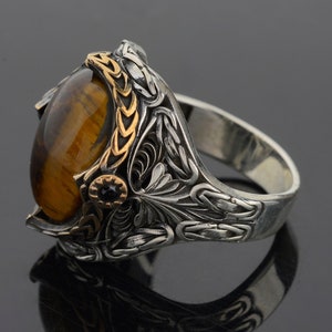 Tiger Eye&#39;s Stone Mens Ring, 925k Silver Unique Gemstone Rings, Ottoman Style Ring Man, Silver Tiger Eye Ring, Gift For Father