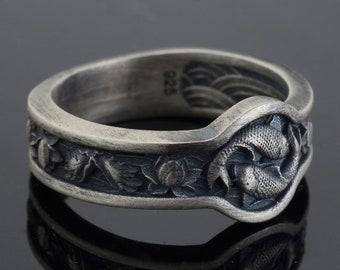 Japanse Koi Fish Band Ring, Handgemaakte Mannenring, Herenring, Unieke Ring voor de mens, Zilveren Zegelring, Memorial Gift voor hem